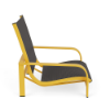 Side view of Arc sling commercial patio sand chair with Yellow aluminum frame, Metallica Smoke sling seat and back, and low-profile seating