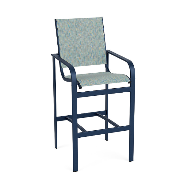 Arc sling commercial patio bar chair with Deep Blue Metallic aluminum frame, Nova Seaglass sling seat and back, and integrated footrest