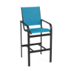 Arc sling commercial patio bar chair with Textured Charcoal aluminum frame, Braque Blue sling seat and back, and curved armrests