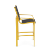 Side view of Arc sling commercial patio bar chair with Yellow aluminum frame, Metallica Smoke sling seat and back, and curved armrests