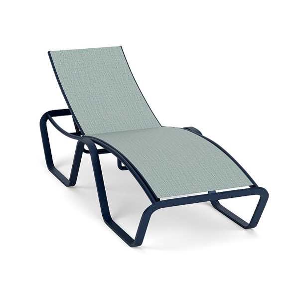 Arc sling commercial poolside chaise lounge with Deep Blue Metallic aluminum frame, Nova Seaglass sling, and adjustable backrest