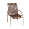 Velocity cross-weave commercial patio dining chair with Textured Antique Beige aluminum frame and Saddle woven vinyl straps