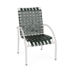 Velocity cross-weave commercial patio dining chair with Sky White aluminum frame and Holly Green woven vinyl straps