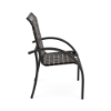 Side view of Velocity cross-weave commercial patio dining chair with Starlight Black aluminum frame and Bronze woven vinyl straps