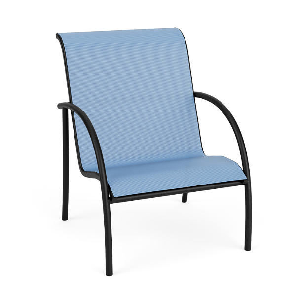 Velocity sling commercial patio dining chair with Textured Charcoal aluminum frame and light blue Poolside sling seat and back