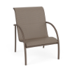 Velocity sling commercial patio dining chair with Textured Espresso aluminum frame and Taupe Tweed sling seat and back