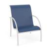 Velocity sling commercial patio dining chair with Sky White aluminum frame and blue Nautica sling seat and back