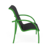 Side view of Velocity sling commercial patio dining chair with Lime Green aluminum frame and Black sling seat and back