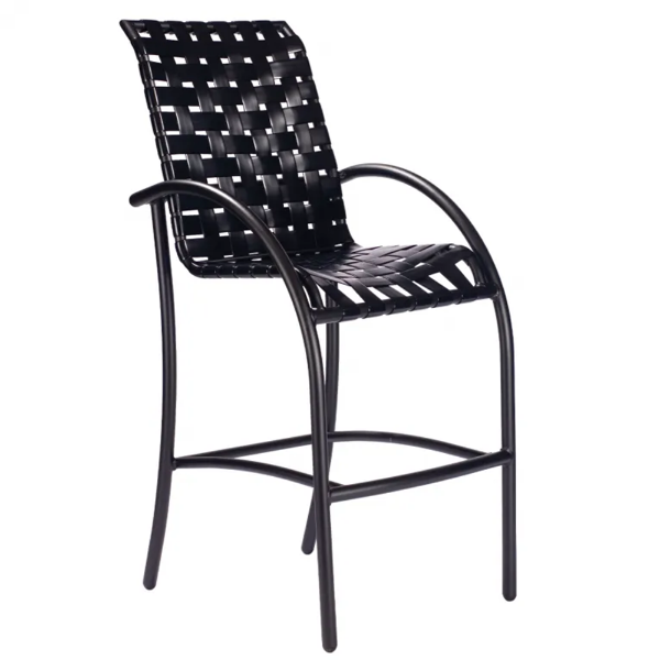 Velocity cross-weave commercial patio bar chair with black aluminum frame, black woven vinyl straps, curved arms, and footrest