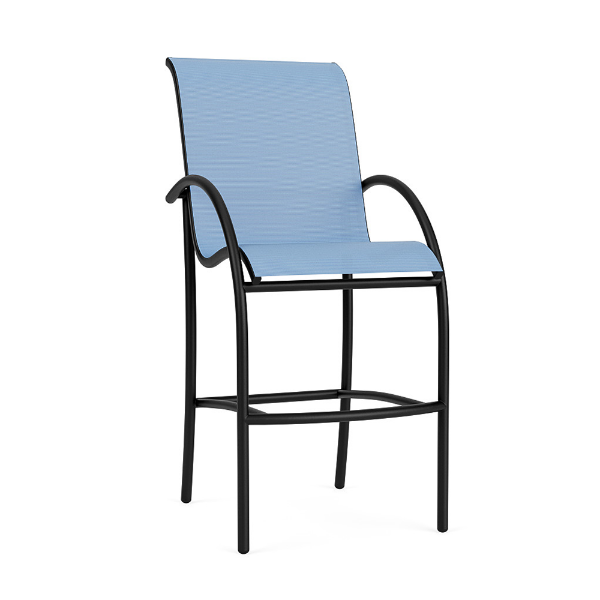 Velocity sling commercial patio bar chair with Textured Charcoal aluminum frame, Poolside blue sling seat and back, and footrest