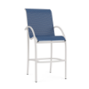 Velocity sling commercial patio bar chair with Sky White aluminum frame, Nautica blue sling seat and back, curved arms, and footrest