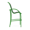 Side view of Velocity sling commercial patio bar chair with Lime Green aluminum frame, black sling seat and back, and footrest