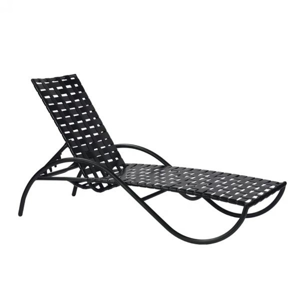 Velocity cross-weave commercial poolside chaise lounge with black aluminum frame, black woven vinyl straps, curved arms, and adjustable back