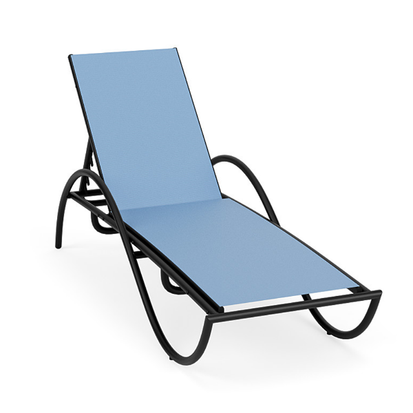 Velocity sling commercial poolside chaise lounge with Textured Charcoal aluminum frame, light blue Poolside sling fabric, curved arms, and adjustable back