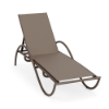 Velocity sling commercial poolside chaise lounge with Textured Espresso aluminum frame, Taupe Tweed sling fabric, curved arms, and adjustable back