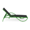 Side view of Velocity sling commercial poolside chaise lounge with Lime Green aluminum frame, black sling fabric, curved arms, and adjustable back