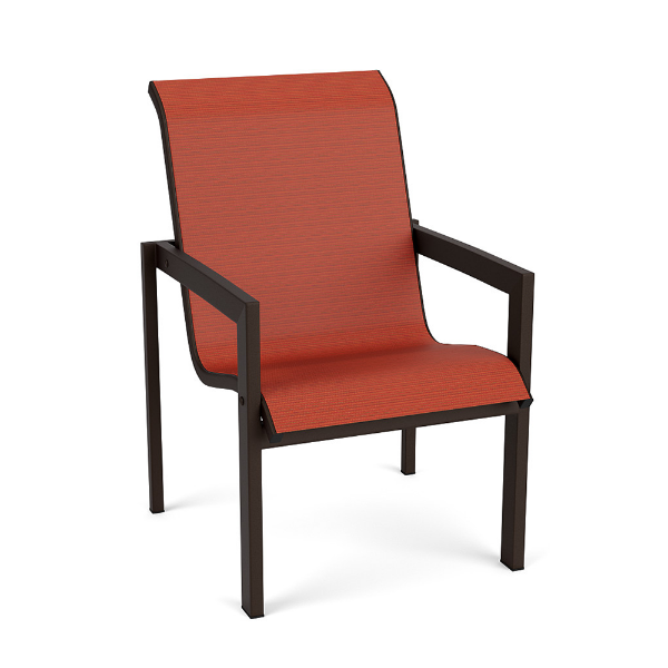 Urban aluminum sling patio dining chair with Coffee Bean frame, Metallica Salsa red sling fabric, and squared armrests