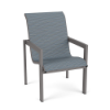 Urban aluminum sling patio dining chair with Titanium Gray frame, Kozo Jewel blue patterned sling seat and back, and squared armrests