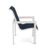 Side view of Urban aluminum sling patio dining chair with Sky White frame, Dupione Sapphire sling fabric, and squared armrests