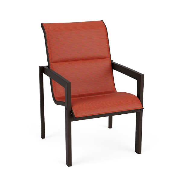 Urban aluminum padded sling patio dining chair with Coffee Bean frame, Metallica Salsa padded sling seat and back, and squared armrests