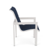 Side view of Urban aluminum padded sling patio dining chair with Sky White frame, Dupione Sapphire padded sling, and squared armrests
