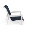 Side view of Urban aluminum sling patio sand chair with Sky White frame, Dupione Sapphire sling seat and back, and low-profile design