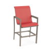 Urban sling commercial patio bar chair with Satin Amber aluminum frame, Straw Mat Coral sling seat and back, squared armrests, and footrest