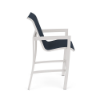 Side view of Urban sling commercial patio bar chair with Sky White aluminum frame, Dupione Sapphire sling seat and back, and footrest
