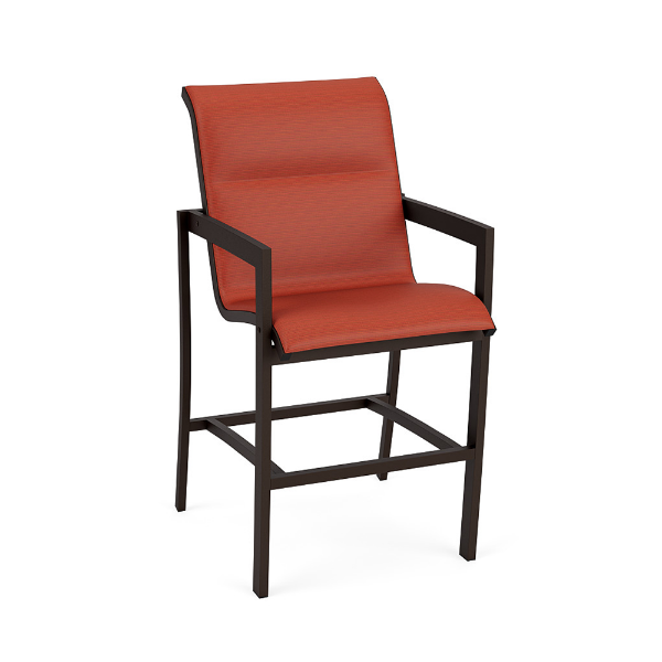 Urban padded sling commercial patio bar chair with Coffee Bean aluminum frame, Metallica Salsa padded sling seat and back, and footrest