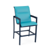 Urban padded sling commercial patio bar chair with deep blue aluminum frame, turquoise padded sling seat and back, armrests, and footrest