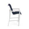 Side view of Urban padded sling commercial patio bar chair with Sky White aluminum frame, Dupione Sapphire padded sling, and footrest