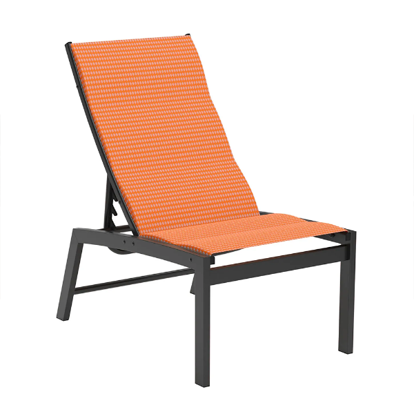 Urban padded sling patio reclining chair with charcoal aluminum frame, orange patterned padded sling seat and back, and adjustable reclining backrest