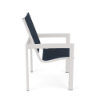 Side view of Urban commercial double sling patio dining chair with Sky White aluminum frame and Dupione Sapphire sling fabric