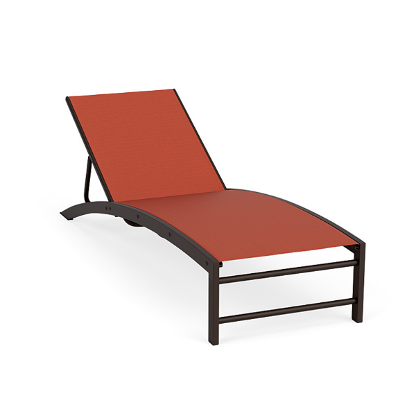 Urban Loft sling commercial chaise lounge with Coffee Bean aluminum frame, Metallica Salsa sling fabric, and adjustable reclining back