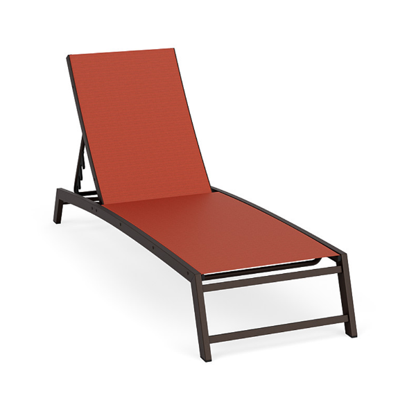 Urban Pointe sling commercial chaise lounge with Coffee Bean aluminum frame, Metallica Salsa sling fabric, and adjustable reclining back