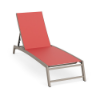 Urban Pointe sling commercial chaise lounge with Satin Amber aluminum frame, Straw Mat Coral sling fabric, and adjustable reclining back