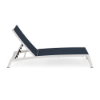 Side view of Urban Pointe sling commercial chaise lounge with Sky White aluminum frame, Dupione Sapphire sling fabric, and adjustable back