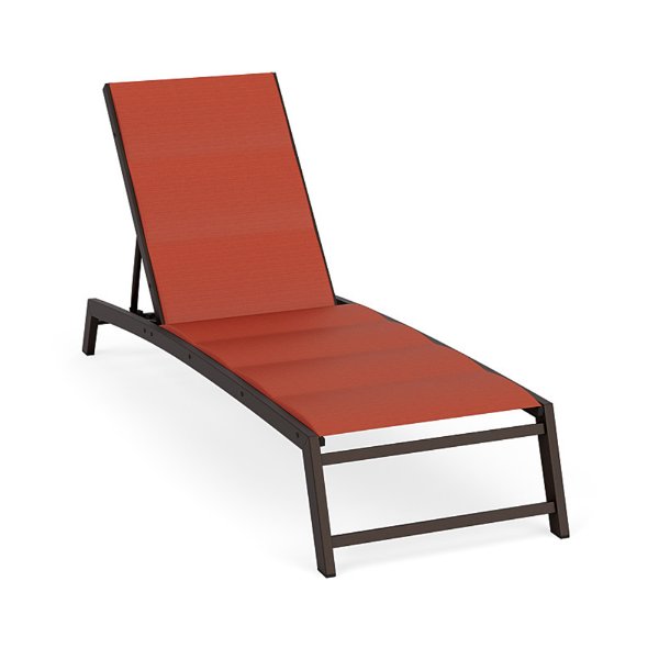Urban Pointe padded sling commercial chaise lounge with Coffee Bean aluminum frame, Metallica Salsa padded sling, and adjustable reclining back