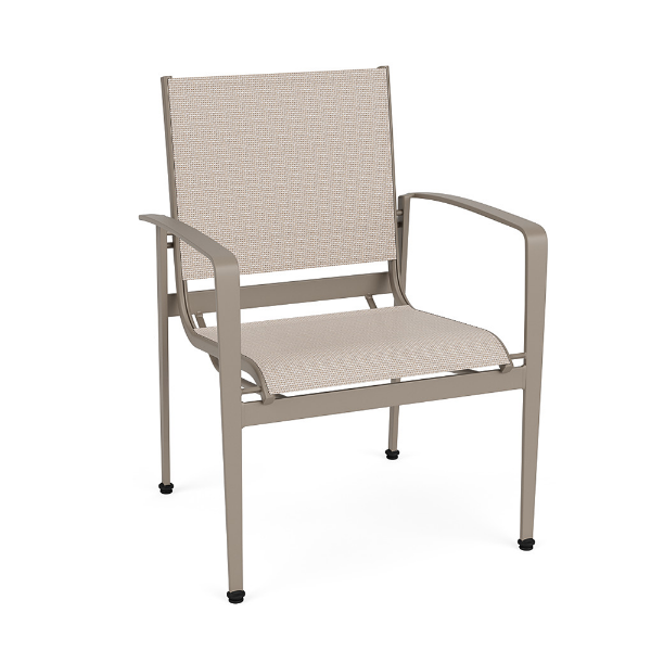 Metro sling commercial patio dining chair with Satin Amber aluminum frame, Cane Oyster sling seat and back, and curved armrests