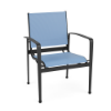 Metro sling commercial patio dining chair with Starlight Black aluminum frame, Poolside blue sling seat and back, and curved armrests