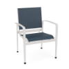 Metro sling commercial patio dining chair with Sky White aluminum frame, Streamline Azure sling seat and back, and curved armrests