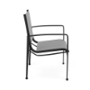 Side view of Metro sling commercial patio dining chair with Starlight Black aluminum frame and Metallica Platinum sling seat and back