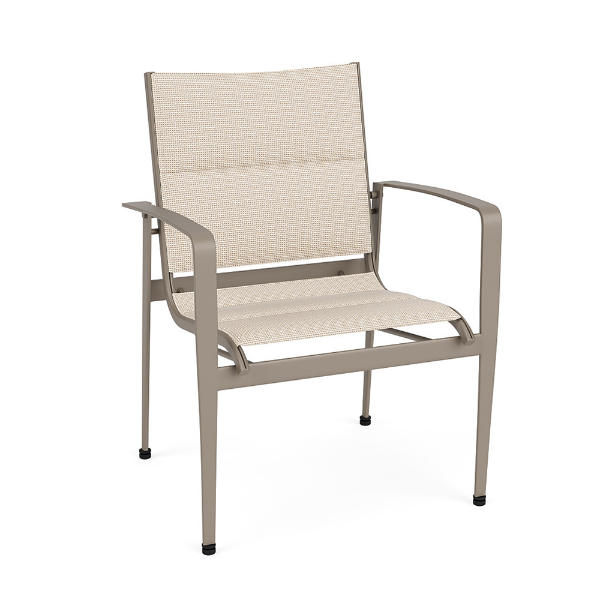 Metro padded sling commercial patio dining chair with Satin Amber aluminum frame, Cane Oyster padded sling seat and back, and curved armrests