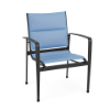 Metro padded sling commercial patio dining chair with Starlight Black aluminum frame, Poolside blue padded sling seat and back, and curved armrests