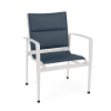 Metro padded sling commercial patio dining chair with Sky White aluminum frame, Streamline Azure padded sling seat and back, and curved armrests