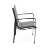 Side view of Metro padded sling commercial patio dining chair with Starlight Black aluminum frame and Metallica Platinum padded sling seat and back