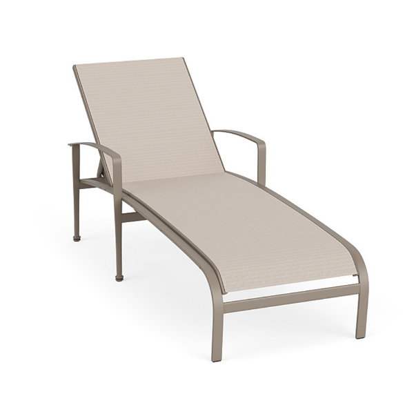 Metro sling commercial patio chaise lounge with Satin Amber aluminum frame, Cane Oyster sling fabric, curved arms, and adjustable back