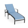 Metro sling commercial patio chaise lounge with Starlight Black aluminum frame, Poolside blue sling fabric, curved arms, and adjustable back