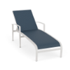 Metro sling commercial patio chaise lounge with Sky White aluminum frame, Streamline Azure sling fabric, curved arms, and adjustable back