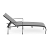 Side view of Metro sling commercial patio chaise lounge with Starlight Black aluminum frame, Metallica Platinum sling fabric, and adjustable back